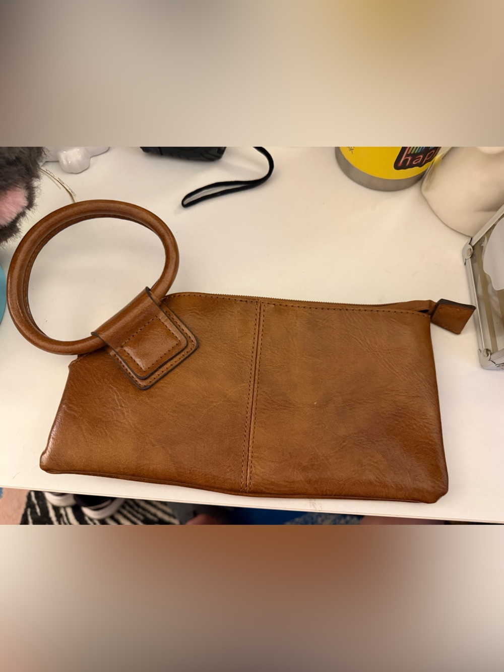 Classic Brown Leather Wristlet Clutch with Circular Handle